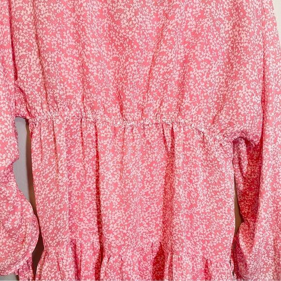 Influence Women's Pink Floral Crew Neck Shirred Sleeve Tiered Mini Dress Size 8 - Picture 11 of 16